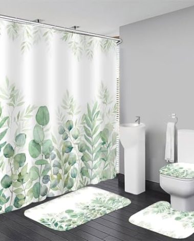 DDQQ Green Leaves Shower Curtain Sets with Non-Slip Rug, Toilet Lid Cover and Bath Mat, Plant Leaves Shower Curtain Sets with 12 Hooks, Shower Curtain for Bathroom Set Decor