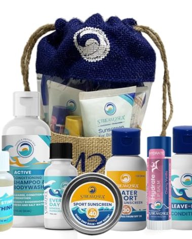 EcoConscious Travel Kit Body & Hair Care Gift Set | Shampoo & Body wash | Conditioner | SPF30, SPF20 and Mineral Sunscreen | SPF 30 Cucumber Mint and Hydrate Cherry Vanilla Lip Balm by Stream2Sea