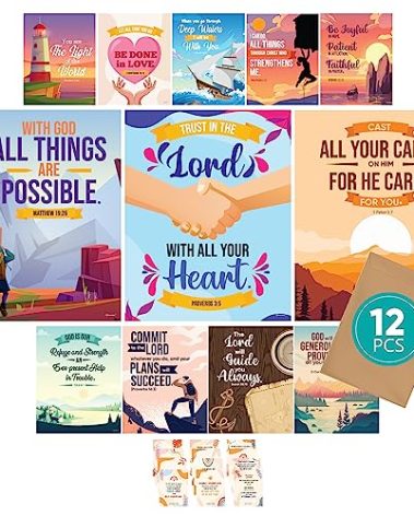 Decorably 12 Christian Posters for Kids, 11x14in Matte-Laminated Inspirational Sunday School Posters for Kids - Classroom, Bulletin Boards, Home Study Room
