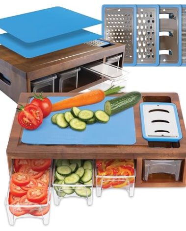 Granted By Grace Acacia Cutting Board with Containers & Lids - Board Meal Prep System w 4 Graters, 2 Plastic Chopping Board for Meat, Juice Grooves & More - Cutting Board Prep Station for Kitchen