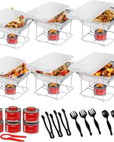 Alpha Living 6 Pack - Disposable Chafing Dish Buffet Set, Welded Body Food Warmers for Parties, Fuel Cans Complete Set, Half Size Pans, Warming Trays
