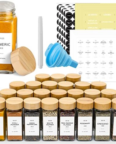 NETANY 24 Pcs Glass Spice Jars with Bamboo Lids, 4 oz Glass Jars with Minimalist Farmhouse Spice Labels Stickers, Collapsible Funnel, Seasoning Storage Bottles for Spice Rack, Cabinet, Drawer