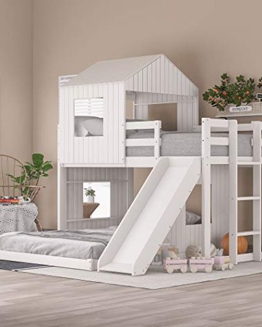 Merax Twin Over Full Bunk Bed Frames with Slide, Safety Guardrails and Ladder for Teens, Girl or Boys, House Shape, White