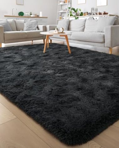 Keeko Fluffy Area Rugs for Bedroom Living Room, 4x5.3 Soft Plush Bedside Rug Modern Indoor Throw Rug Shag Fuzzy Nursery Carpet Non Slip Rugs for Kids Girls Baby Teen Dorm Room Home Decor Darkgrey