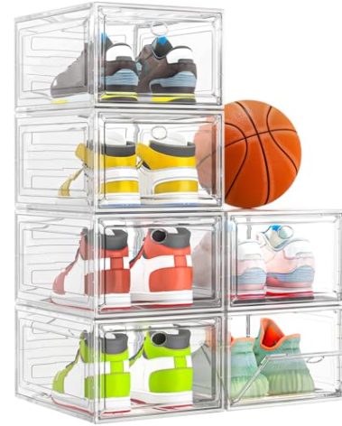 Thicken & Sturdy Clear Shoe Storage Organizer with Magnetic Door, Stackable Boxes for Closet, Foldable Space-Saving Shoe Rack for Sneaker Boot Container, Plastic Shoe Cabinet Shoe Box 6 Pack, White