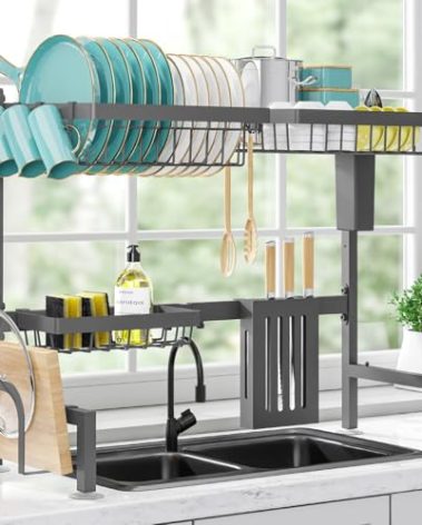 Sakugi Over The Sink Dish Drying Rack - Adjustable 2 Tier Large Capacity Stainless Steel Drainer with Cutlery & Utensil Holders, Kitchen Storage & Organization, 30"-33.9" L x 11" W x 21.5" H, Gray