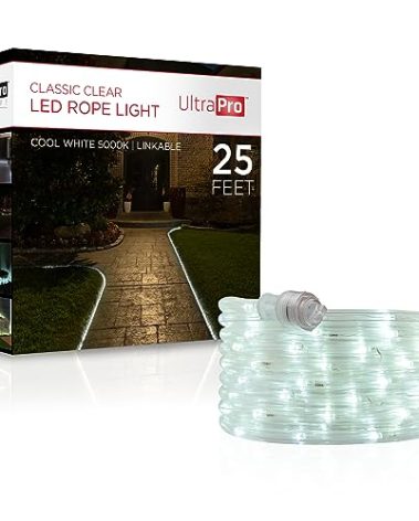 UltraPro LED Rope Lights, 25ft Classic Clear Rope, Cool White Light 5000K, Indoor/Outdoor, Flexible, Linkable, Durable, Rope Lights Outdoor, 54843