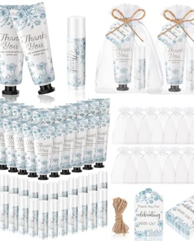 Swiffen 48 Sets 192 Pcs Blue Flower Baby Bridal Shower Hand Cream and Lip Balm Baby Shower Gifts for Guests Bridal Wedding Party Favor Bulk with Thank You Card Organza Bags Travel Size for Wedding