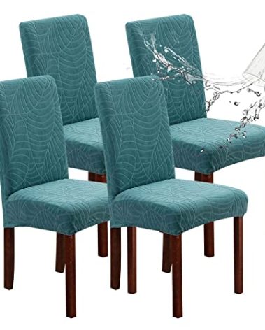 Genina Waterproof Chair Covers for Dining Room, Stretch Jacquard Dining Chair Slipcovers Removable Washable Chair Protector for Kitchen, Hotel, Restaurant (Leaves-Peacock Blue, 4 PCS)
