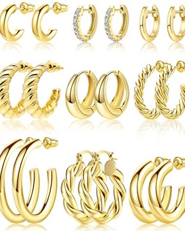 Adoyi Gold Hoop Earrings Set for Women Girls Trendy 14K Plated Gold Hoops Small Chunky Earrings Twisted Huggie Ear ring Pack Lightweight 9 Pairs Jewelry Set for Valentines Mother's Day Birthday Gifts