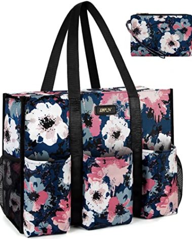 IBFUN Utility Tote Bag with 14 Exterior Interior Pockets Zip Top Teacher Tote Bag for Teacher/Work Women(Medium)