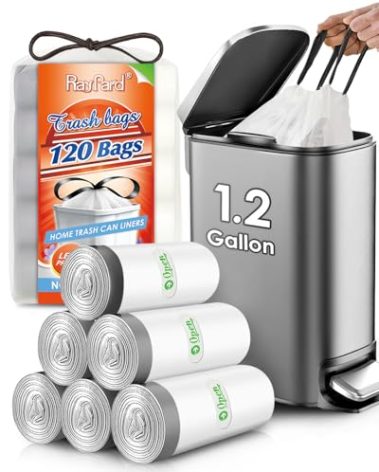 120 Counts 1.2 Gallon Mini Drawstring Trash Bags Garbage Bags by RayPard, Small Strong Plastic Bags fit 4-5L Trash Can for Home Office Kitchen Bathroom Bedroom, White Waste Basket Liners