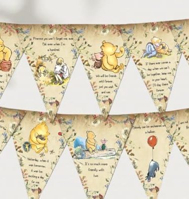 24PCS Winnie Quotes Banner Flags Classic Pooh Hanging Decorations Winnie Inspired Banner For Baby Shower Birthday Party Supplies