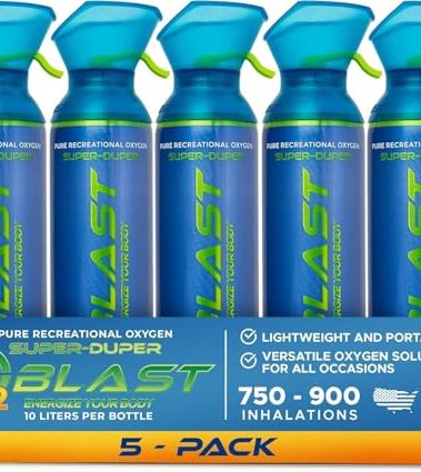 O2 Blast - Pure Oxygen Supplement, Portable Can Filled with 99.99% Pure Oxygen with Custom Breathing Mask, Energy, Performance, Fast Recovery Time, Ideal for High Altitude & Sports - 10L, 5-Pack