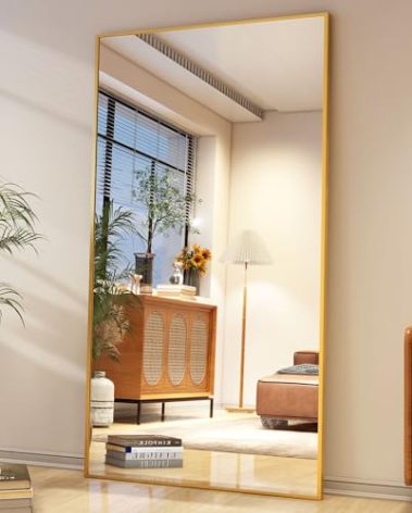 Easly Full Length Mirror with Stand 34"x76" Full Body Mirror Floor Mirror Standing Hanging or Leaning Wall, Wall Mirror with Stand Aluminum Alloy Frame for Living Room Bedroom Cloakroom,Gold