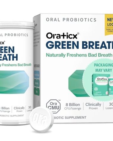 OraTicx Green Breath Oral Care Probiotics, Naturally Support Freshens Bad Breath & Healthy Mouth, Dental Probiotic Supplement 8 Billion CFU, Mint Flavor 30 Lozenges 1-PK