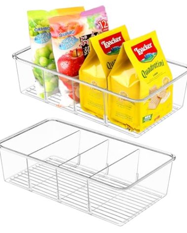ZIZOTI Snack Organizer for Pantry Shelf, 2 Pack Clear Plastic Pantry Storage Bins with 3 Dividers for Snacks, Spices, Chips Food Organizer, Stackable Pantry Organizers for Kitchen, Fridge, Cabinet