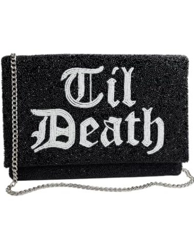 Pretty Robes TIL DEATH Clutch Purse for Wedding Day & Bachelorette Party, White Bridal Purse