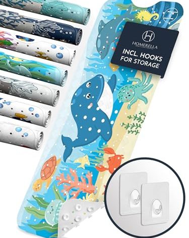 Homerella Baby Bath Tub Mat | Anti Mold Mildew Resistant Non Slip Kids and Adult Bath Tub Shower Mats | 40x16 inch Long with Suction Cups for Secure Grip Hooks for Storage & Drying | Machine Washable