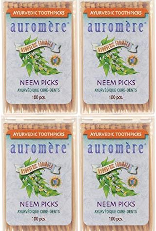 Auromere Ayurvedic Neem Toothpicks - Vegan, Natural, Non GMO, Made from Birchwood (100 Count), 4 Pack