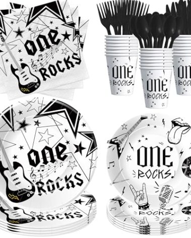 YJRJSC Rock And Roll First Birthday Party Tableware - One Rocks 1st Birthday Decorations for Music Guitar Pop Star Rock N Roll Party, Paper Plate, Napkin, Cup, Disposable Cutlery, Serves 24