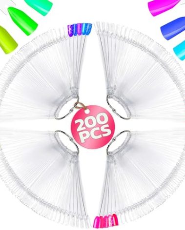 200 Pcs Clear Nail Swatch Sticks - Nail Swatches for Gel Polish - Transparent Acrylic Practice Tips with Metal Rings, Suitable for Displaying Colors, Training Templates for Beginners and Professionals