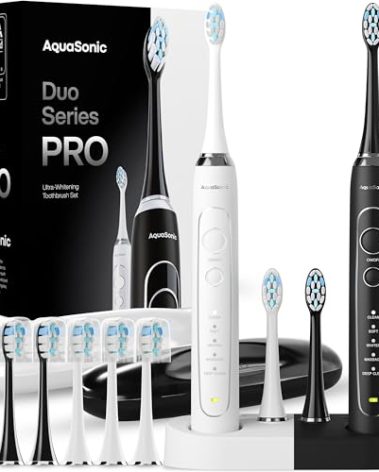 Aquasonic Duo Series PRO – Ultra-Whitening Electric Toothbrush Set – 5 Modes & Smart Timers – Premium Travel Cases & 10 Proflex Brush Heads – ADA Accepted Toothbrushes