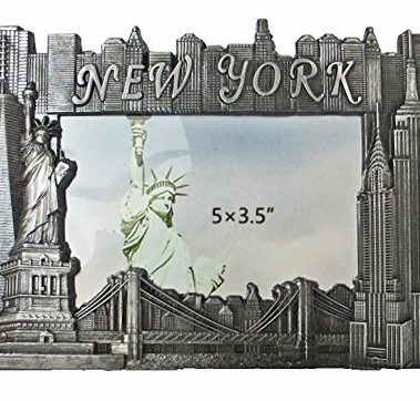New York Souvenir Metal Picture Frame with Statue of Liberty Empire State Building Freedom Tower NYC Skyline (5”W X 3.5"H Photo)