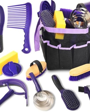 KUNBEIEN Horse Grooming Kit - 11 Piece Bathing Supplies with Organize Bag, Full Body Kit Including Sweat Scraper, Bath Sponge, Hoof Pick, Massage Comb (Purple)