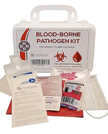 Bloodborne Pathogen/Body Fluids Cleanup Kit w/Fluid Solidifier, Biohazard Bag & Personal Protection Clothing - OSHA Requirement