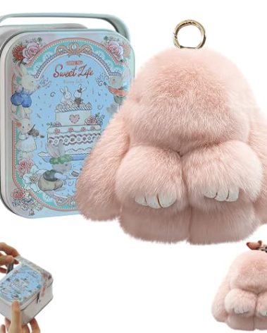 jewsuva Bunny Keychain, Bunny Keychain with Tin, Bun-ny Cute Plush Key Chain, Handmade Soft Pompom Charms (Pink)