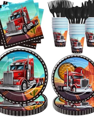 Xenorik Semi Truck Birthday Party Decorations Tableware - Semi Truck Party Supplies, Paper Plate, Cup, Napkin, Disposable Cutlery, Tractor Trailer Theme Birthday Table Decorations For Kids | Serve 24