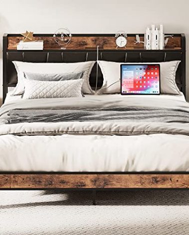 LIKIMIO Queen Bed Frame, Storage Headboard with Charging Station, Solid and Stable, Noise Free, No Box Spring Needed, Easy Assembly (Vintage and Black)