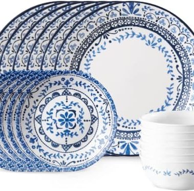 Corelle Vitrelle 18-Piece Service for 6 Dinnerware Set, Triple Layer Glass and Chip Resistant, Lightweight Round Plates and Bowls Set, Portofino