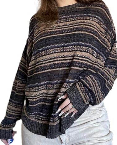 Women Vintage Striped Pullover Sweater Y2k Long Sleeve Crew Neck Loose Knit Sweaters Fall Winter Knitwear (Brown, L)