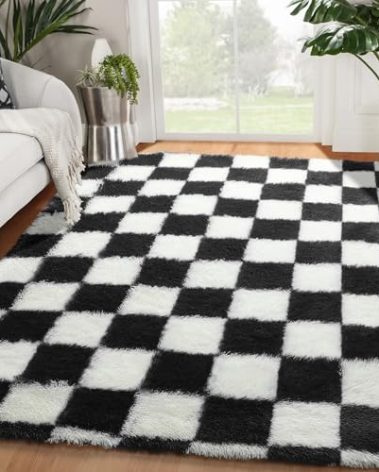 KICMOR Area Rugs for Bedroom Living Room, 4x6 Black and White Fluffy Soft Checkered Rug Fuzzy Shag Shaggy Carpet, Indoor Plush Floor Rugs for Kids Boys Girls Teen Dorm Nursery Home Decor Aesthetic