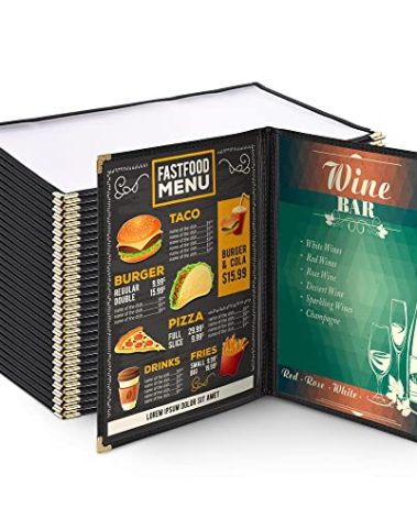 WeChef 30 Pack Restaurant Menu Covers 8.5 x 14 Double Fold 2 Pages 4 Views Transparent Restaurant Menu Covers Holder Black