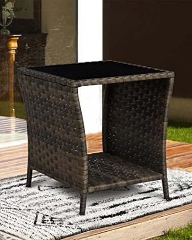 Elesuli Wicker Side Coffee Table Outdoor Side Tables with Storage Bistro Table Patio Furniture Square End Tables Garden Table Brown