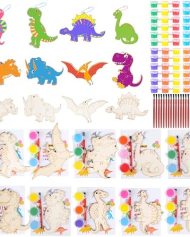 JOTIKO 24 Pack Dinosaur Party Favors Painting Toys – Kids Birthday Goodie Bag Filler Pinata Stuffers Classroom Prizes Exchange Gifts, Dinos Wood Keychain Paint Kits Arts and Crafts for Kids Girls Boys