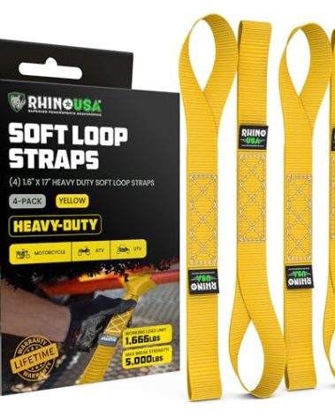 Rhino USA Soft Loop Tie Down Straps (4-Pack) - 1.6 Inch x 17 Inch (5,000 lbs Break Strength) Heavy Duty Motorcycle Handlebar Straps for use with Ratchets for ATV, UTV, Dirt Bike (Yellow)