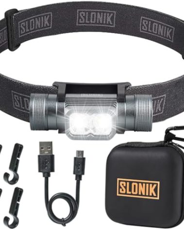 SLONIK Rechargeable Headlamp for Adults - 1000 Lumens Super Bright 60 ft Beam LED Flashlight - Lightweight, Heavy-Duty, IPX4 Waterproof Hard Hat Light - Camping Gear, Running Headlight, Black