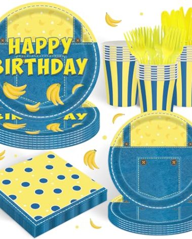 120PCS Yellow Cartoon Themed Party Supplies for Boys Girls 1st 2nd Birthday Party Banana Cake Table Decorations Plates Napkin Cups Tableware Set for 20 Guests