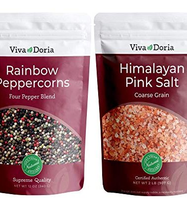 Viva Doria Rainbow Peppercorn Blend (Steam Sterilized Whole Black, White, Green and Pink Peppercorn) 12 oz and Himalayan Pink Salt (Coarse Grain) 2 lbs for Grinder Refills (Pepper+Salt)