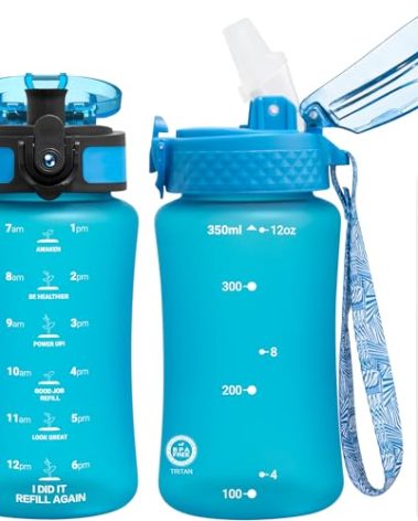 OLDLEY Kids Water Bottle for School, 12 oz (2 lids) BPA-Free Reusable Leak-proof Durable Tritan Plastic Water Bottles with Straw & Chug Lids, Anti-dust Spout Cover (Blue)