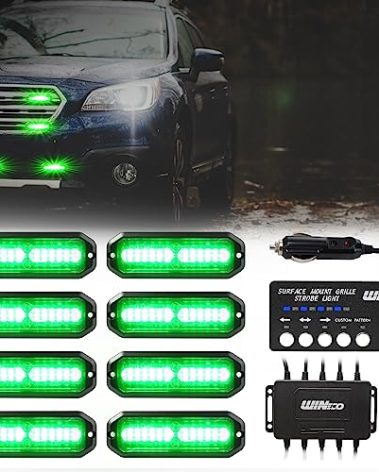 WINECO led strobe lights for trucks, Emergency Strobe Lights Kits for construction Vehicles LED Surface Mount Grill Grille Light Flashing Warning lights With Digital Controller 12 LED Green