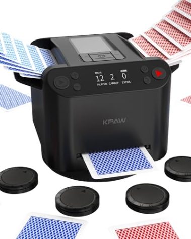 KPAW Automatic Card Shuffler and Dealer - 1-2 Decks Support 12 Players, 4 Drawing Remotes, Built-in Gameplays, 360°/180° Deal, for Poker, UNO, Phase 10, Skip-Bo, Rummy (Black)