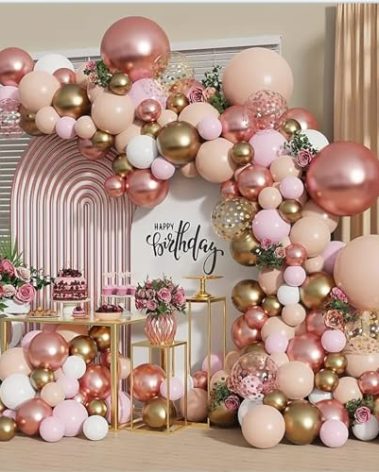 Rose Gold Balloon Garland Kit, Nude Pastel Pink Metallic Gold Matte White Balloons Gold and Rose Gold Confetti Balloons for Wedding Bridal Shower Princess Party Girl Birthday Baby Shower Decorations