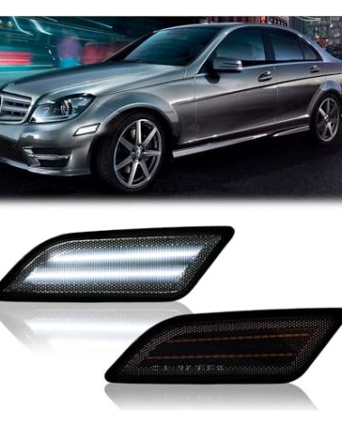 DERMOKA LED Side Marker Lights for 2012-2014 M'ercedes-Benz Pre-LCI W204 C-Class C250 C300 C350 Front Side Fender Lamps, Smoked Len 2PCS (White)