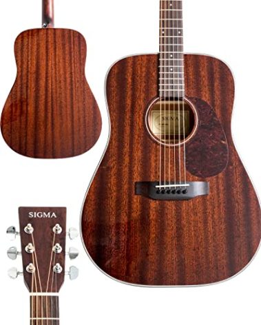SIGMA 41” Acoustic Guitar, Dreadnought, 4/4 Full-Size, with Name Brand EXP16 Strings, Solid Mahogany Top, Natural Gloss, Mahogany Back & Sides, Right(30D)
