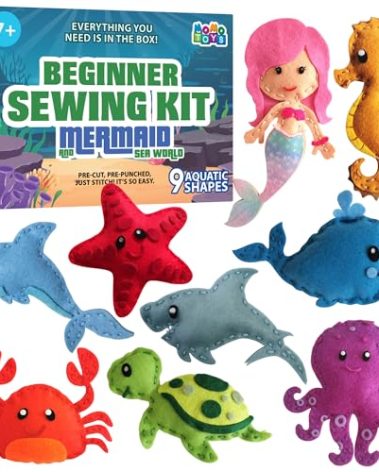 MOMOTOYS Mermaid & Sea Life Beginner Sewing Kit for Kids Ages 7+ – Includes 9 Kids Sewing Projects w/Tools & Art Supplies – DIY Felt Crafts – Girls & Boys Gifts for 7, 8, 9, 10, 11, 12 Year Old